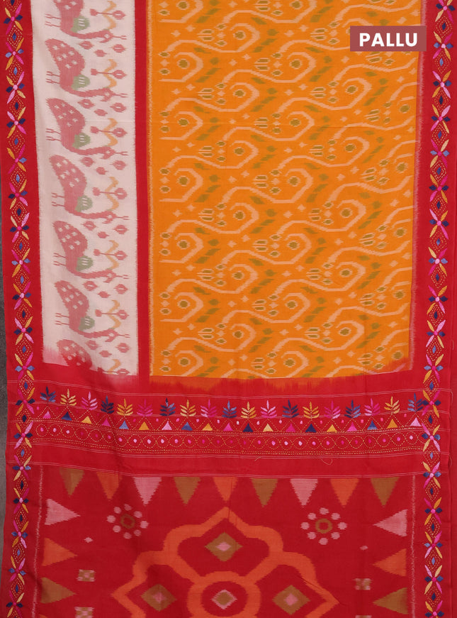Ikat cotton saree mango yellow and cream maroon with allover ikat weaves and kantha stitch work pallu