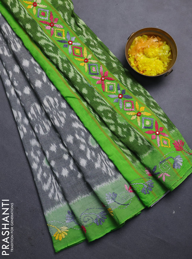 Ikat cotton saree grey and light green with allover ikat weaves and kantha stitch work pallu