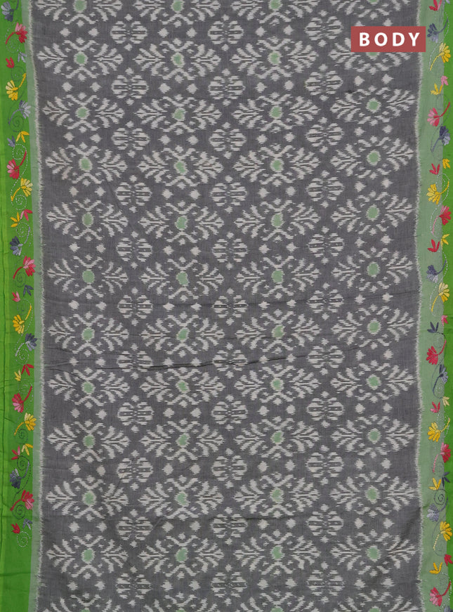 Ikat cotton saree grey and light green with allover ikat weaves and kantha stitch work pallu