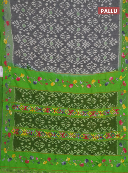 Ikat cotton saree grey and light green with allover ikat weaves and kantha stitch work pallu