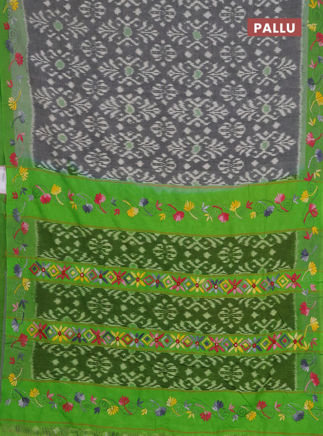 Ikat cotton saree grey and light green with allover ikat weaves and kantha stitch work pallu