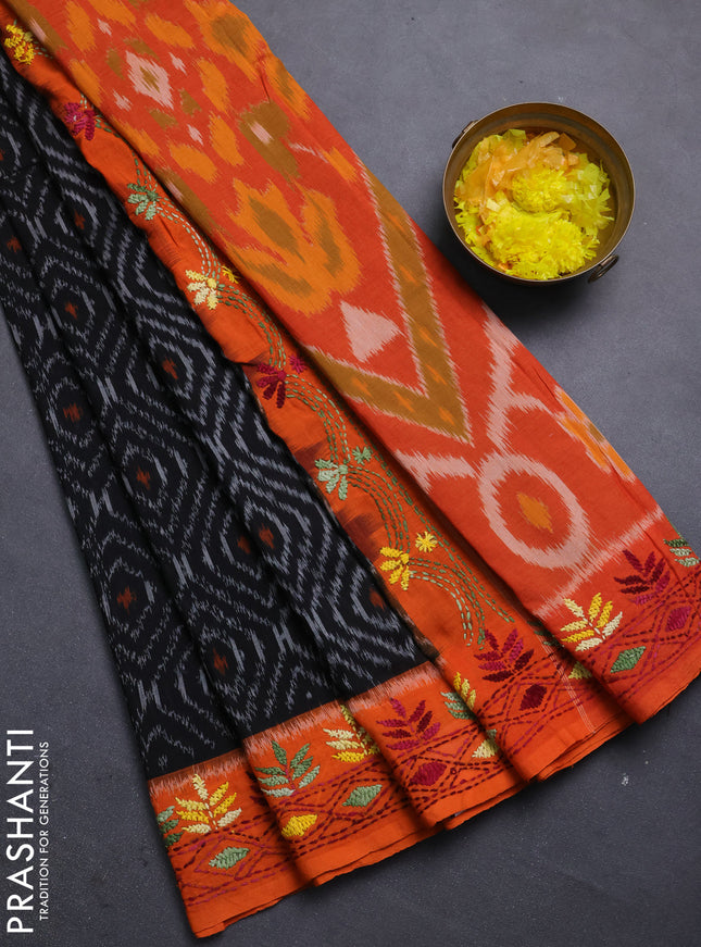 Ikat cotton saree black and orange with allover ikat weaves and kantha stitch work pallu