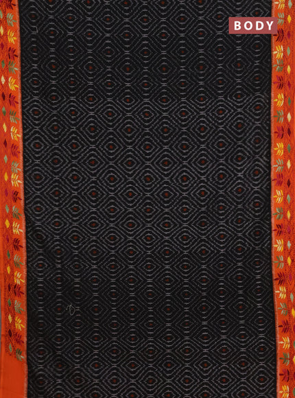 Ikat cotton saree black and orange with allover ikat weaves and kantha stitch work pallu
