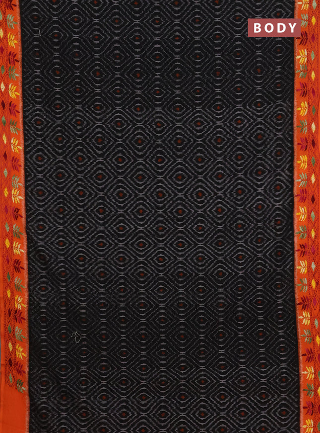Ikat cotton saree black and orange with allover ikat weaves and kantha stitch work pallu