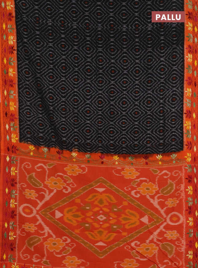 Ikat cotton saree black and orange with allover ikat weaves and kantha stitch work pallu