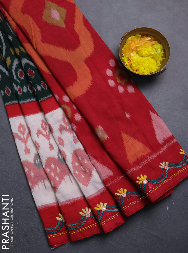Ikat cotton saree bottle green and maroon with allover ikat weaves and kantha stitch work pallu