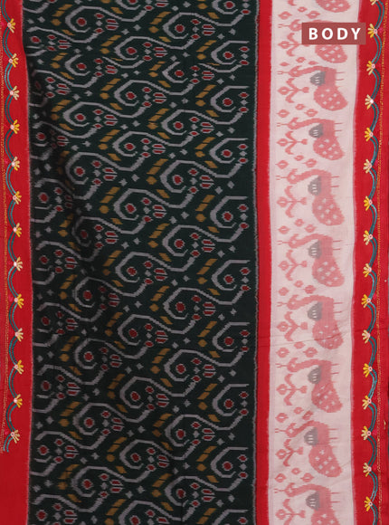 Ikat cotton saree bottle green and maroon with allover ikat weaves and kantha stitch work pallu