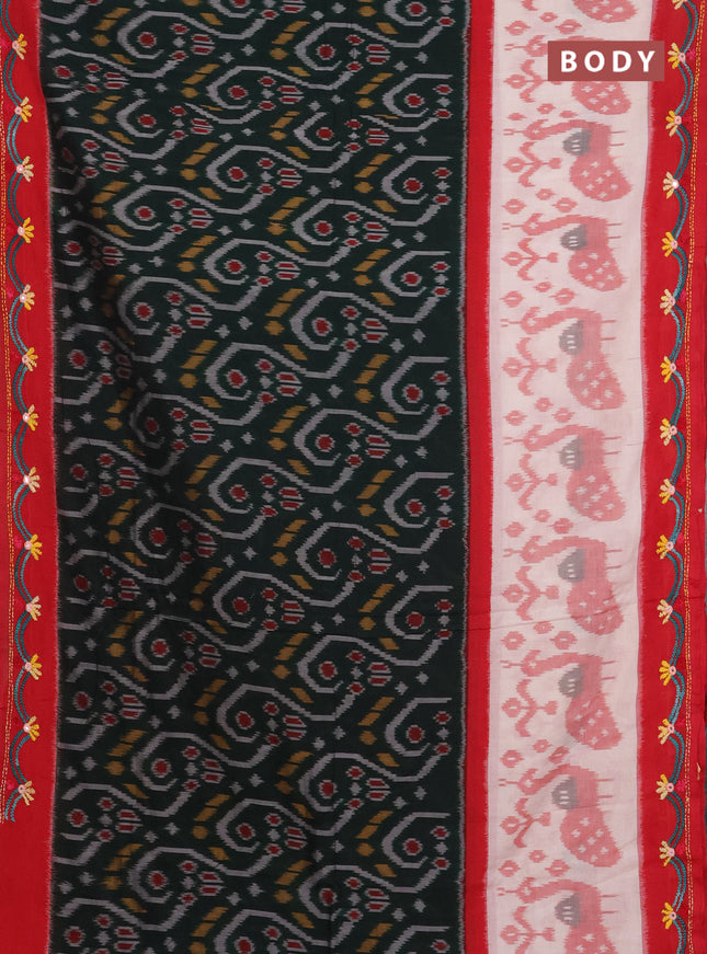 Ikat cotton saree bottle green and maroon with allover ikat weaves and kantha stitch work pallu