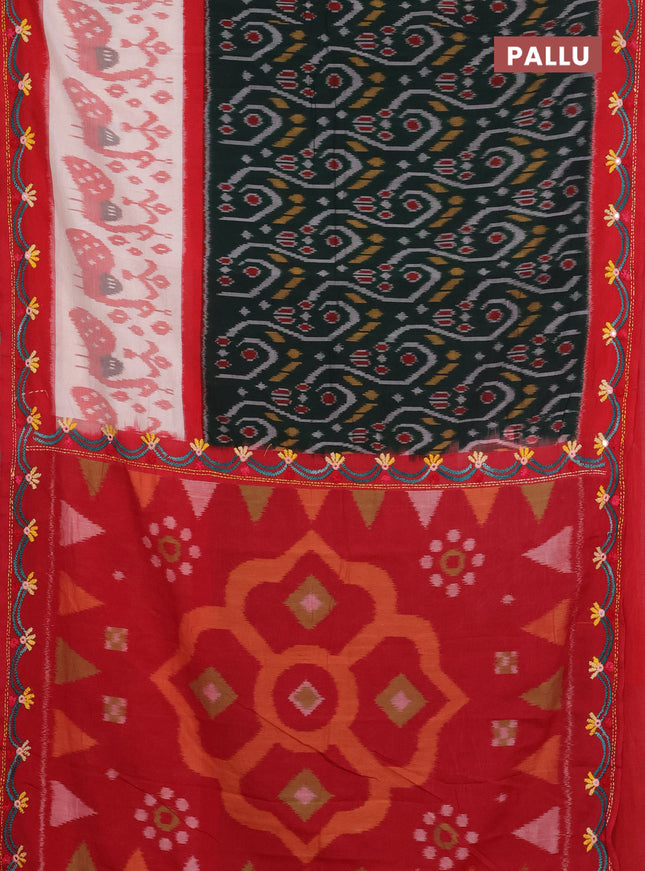 Ikat cotton saree bottle green and maroon with allover ikat weaves and kantha stitch work pallu