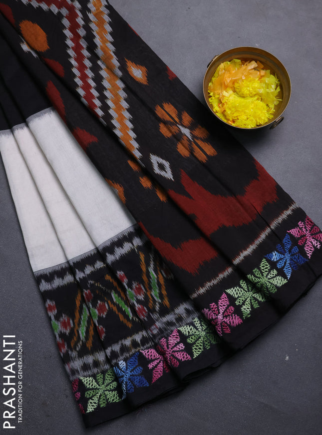 Ikat cotton saree tri colour and black with plain body and ikat weaves & kantha stitch work border