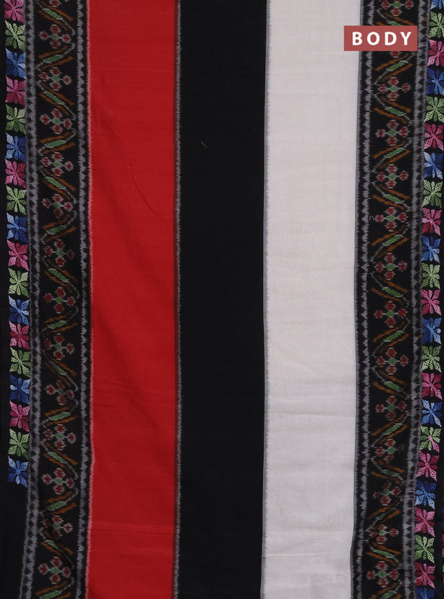 Ikat cotton saree tri colour and black with plain body and ikat weaves & kantha stitch work border