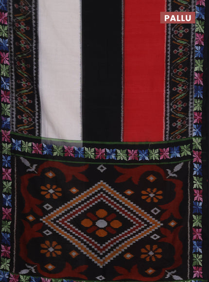Ikat cotton saree tri colour and black with plain body and ikat weaves & kantha stitch work border