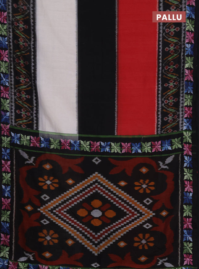 Ikat cotton saree tri colour and black with plain body and ikat weaves & kantha stitch work border