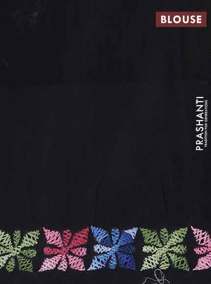 Ikat cotton saree tri colour and black with plain body and ikat weaves & kantha stitch work border
