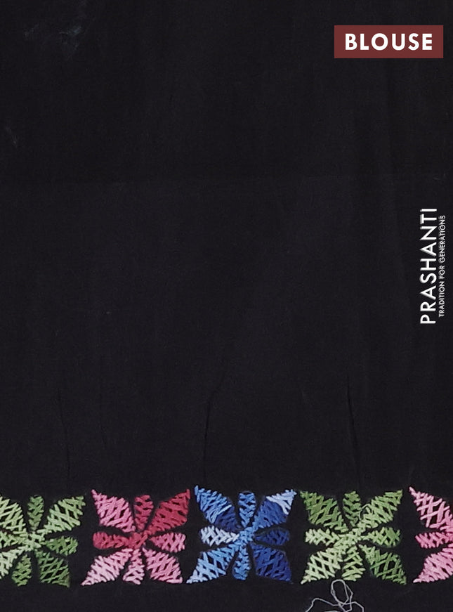 Ikat cotton saree tri colour and black with plain body and ikat weaves & kantha stitch work border