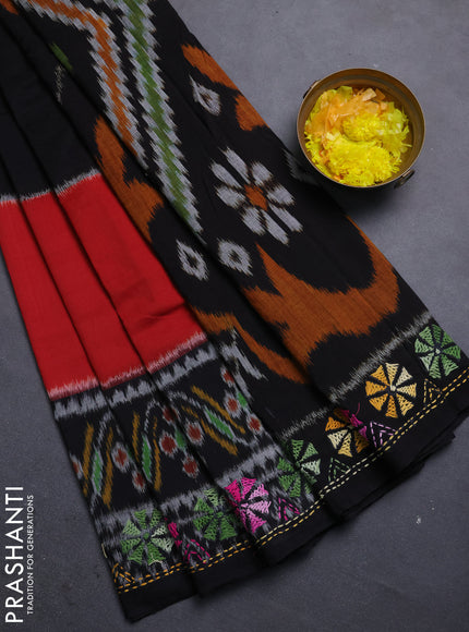 Ikat cotton saree tri colour and black with plain body and ikat weaves & kantha stitch work border