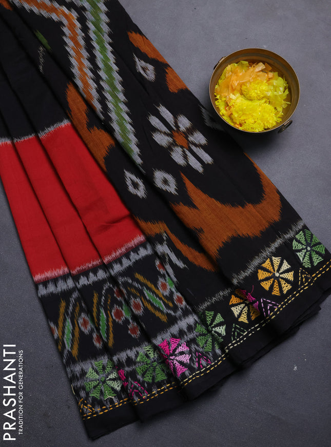 Ikat cotton saree tri colour and black with plain body and ikat weaves & kantha stitch work border