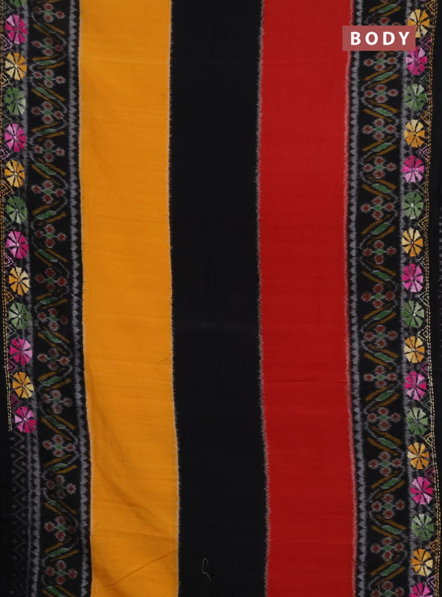 Ikat cotton saree tri colour and black with plain body and ikat weaves & kantha stitch work border