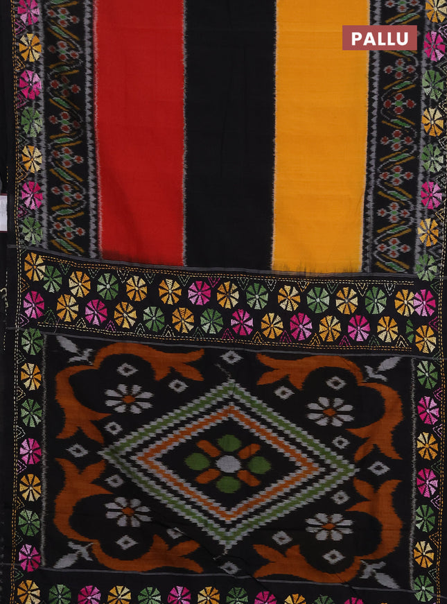Ikat cotton saree tri colour and black with plain body and ikat weaves & kantha stitch work border