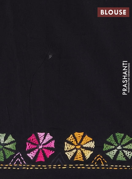 Ikat cotton saree tri colour and black with plain body and ikat weaves & kantha stitch work border
