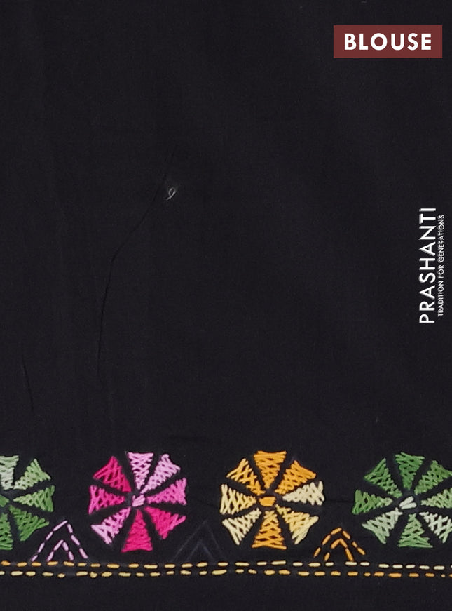 Ikat cotton saree tri colour and black with plain body and ikat weaves & kantha stitch work border