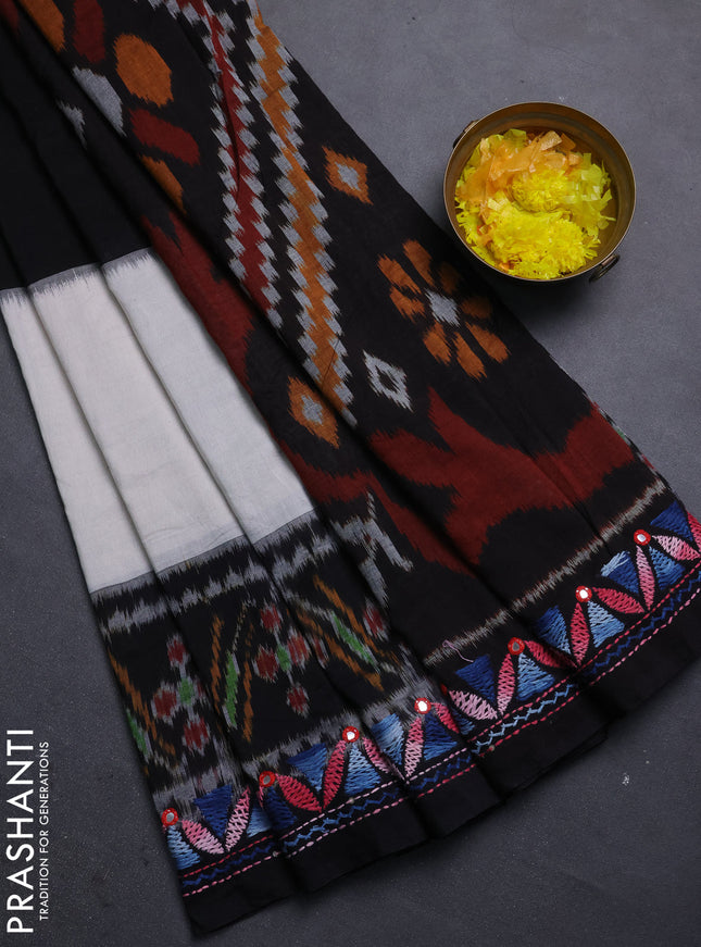 Ikat cotton saree tri colour and black with plain body and ikat weaves & kantha stitch work border