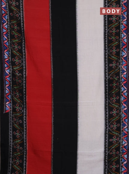 Ikat cotton saree tri colour and black with plain body and ikat weaves & kantha stitch work border