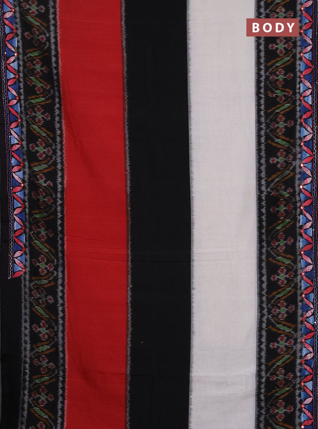 Ikat cotton saree tri colour and black with plain body and ikat weaves & kantha stitch work border