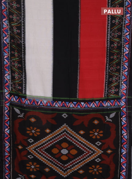 Ikat cotton saree tri colour and black with plain body and ikat weaves & kantha stitch work border
