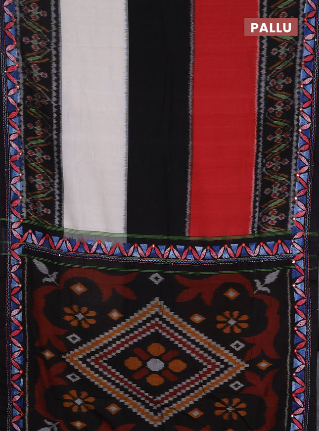 Ikat cotton saree tri colour and black with plain body and ikat weaves & kantha stitch work border