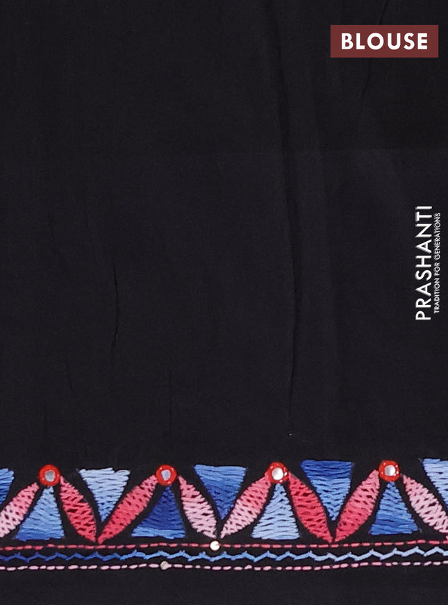 Ikat cotton saree tri colour and black with plain body and ikat weaves & kantha stitch work border