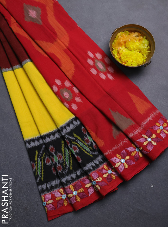 Ikat cotton saree tri colour and maroon with plain body and ikat weaves & kantha stitch work border