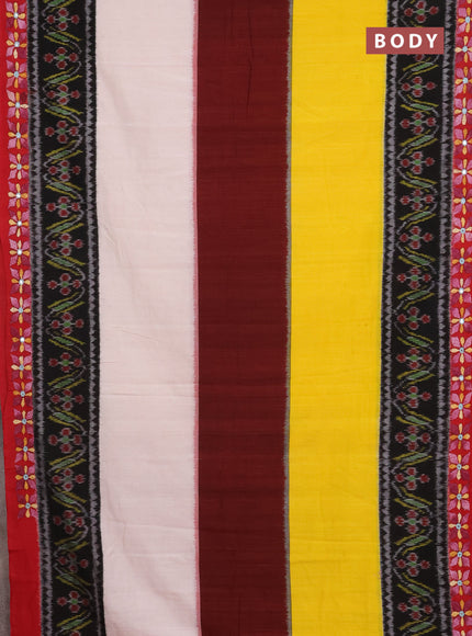 Ikat cotton saree tri colour and maroon with plain body and ikat weaves & kantha stitch work border