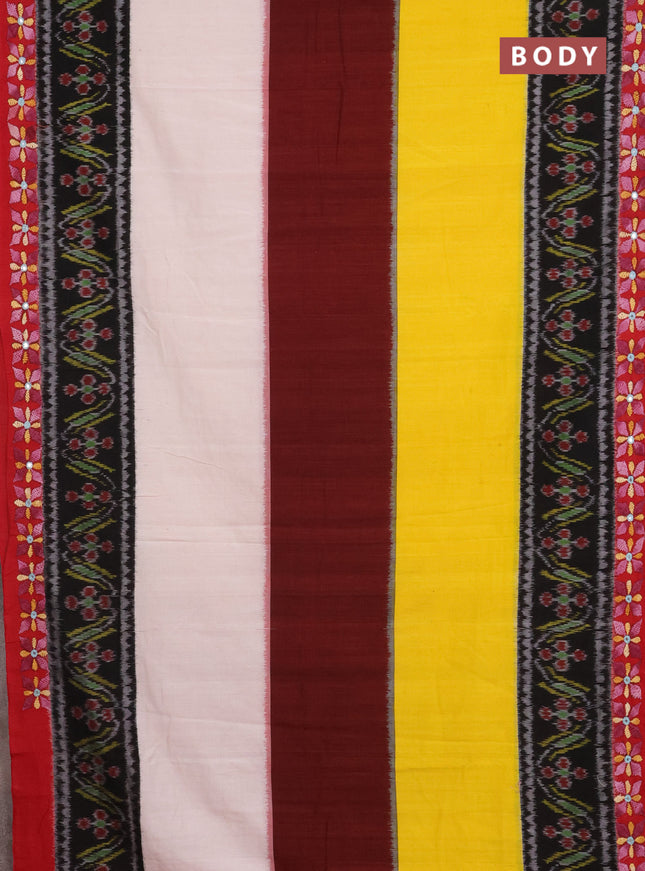 Ikat cotton saree tri colour and maroon with plain body and ikat weaves & kantha stitch work border