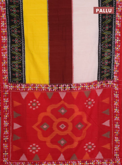 Ikat cotton saree tri colour and maroon with plain body and ikat weaves & kantha stitch work border