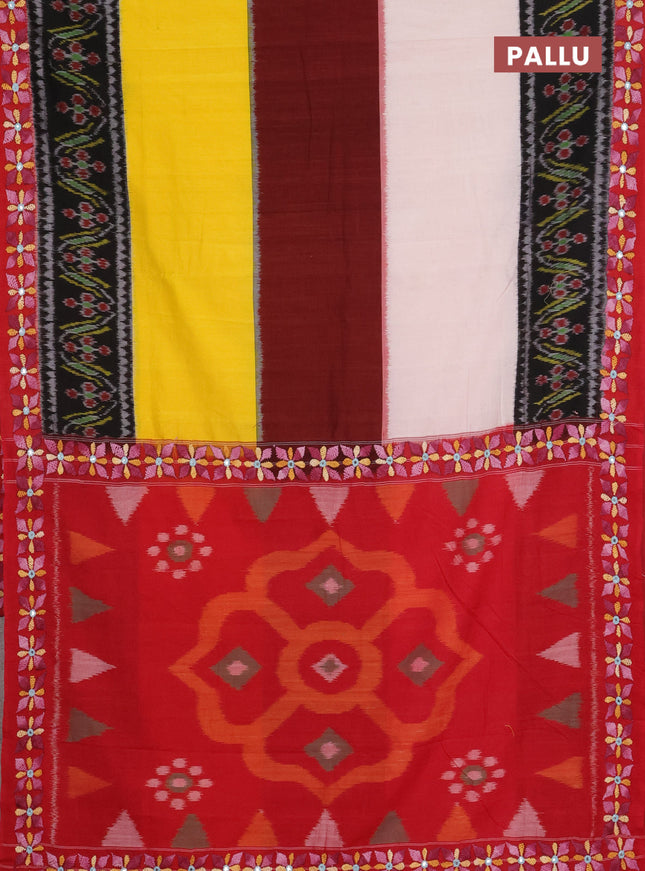 Ikat cotton saree tri colour and maroon with plain body and ikat weaves & kantha stitch work border