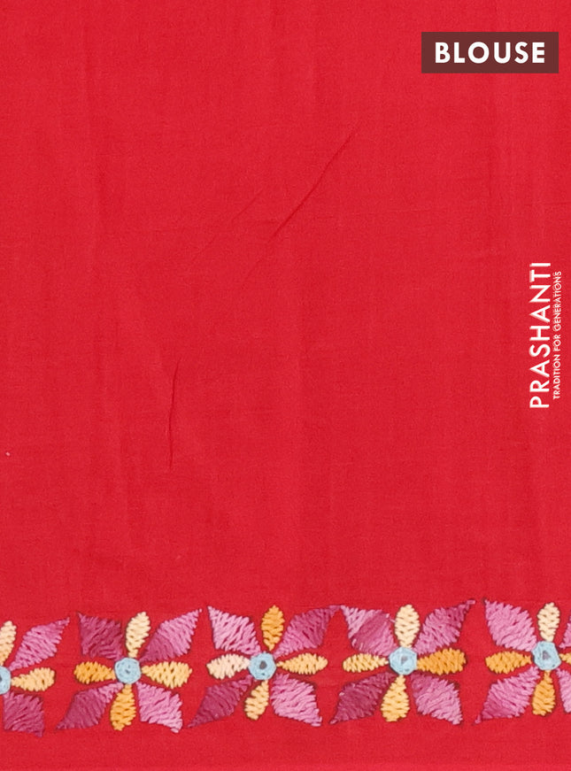 Ikat cotton saree tri colour and maroon with plain body and ikat weaves & kantha stitch work border