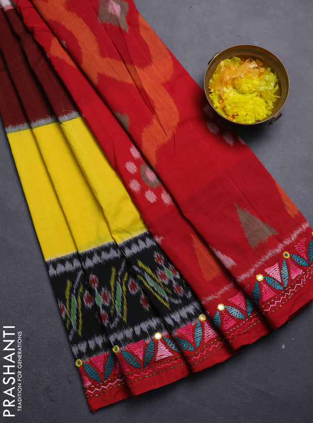 Ikat cotton saree tri colour and maroon with plain body and ikat weaves & kantha stitch work border