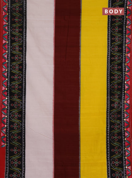 Ikat cotton saree tri colour and maroon with plain body and ikat weaves & kantha stitch work border