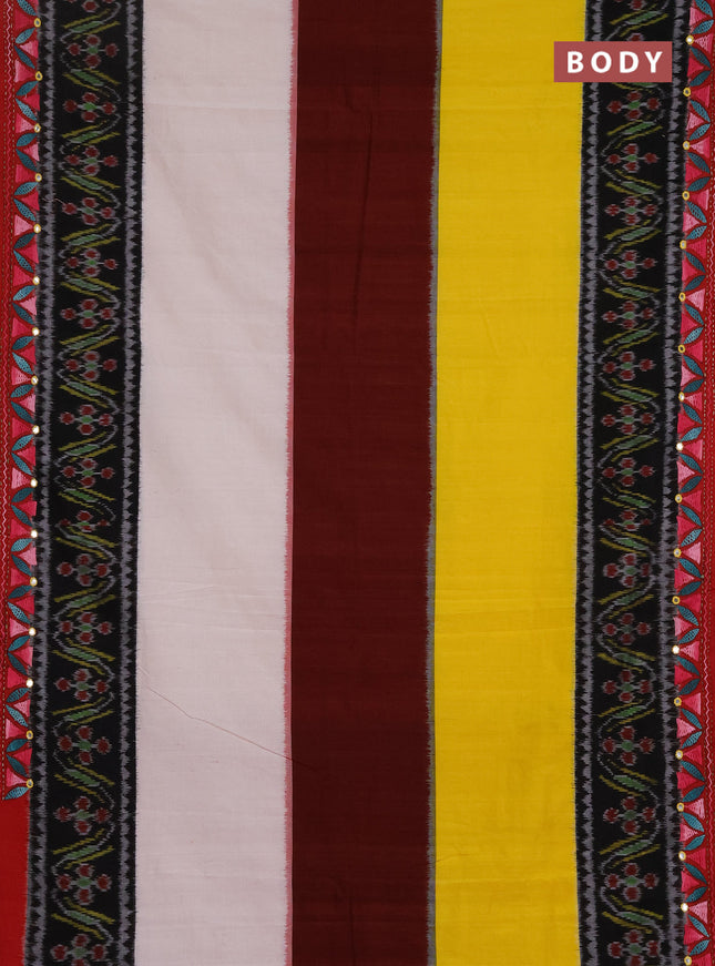 Ikat cotton saree tri colour and maroon with plain body and ikat weaves & kantha stitch work border