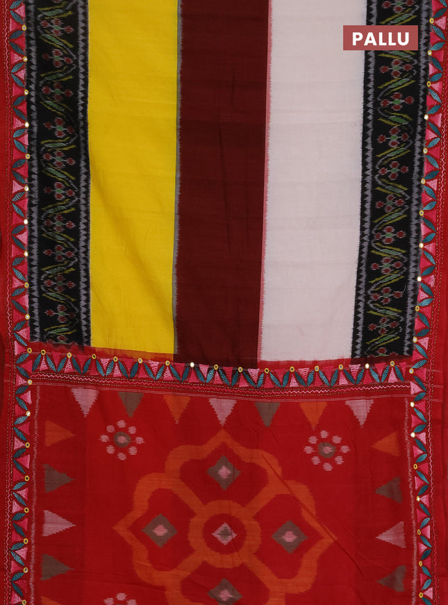 Ikat cotton saree tri colour and maroon with plain body and ikat weaves & kantha stitch work border