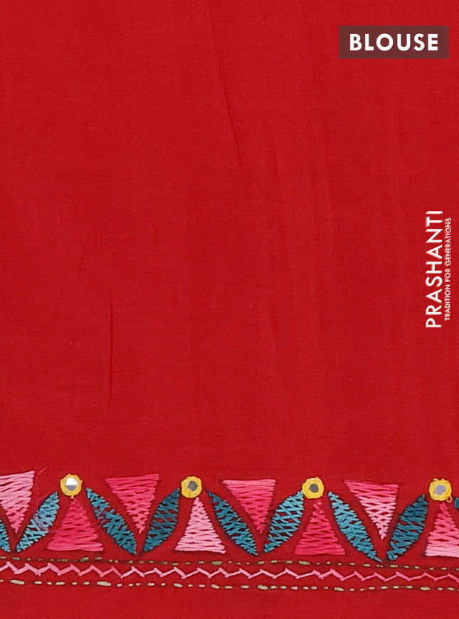 Ikat cotton saree tri colour and maroon with plain body and ikat weaves & kantha stitch work border