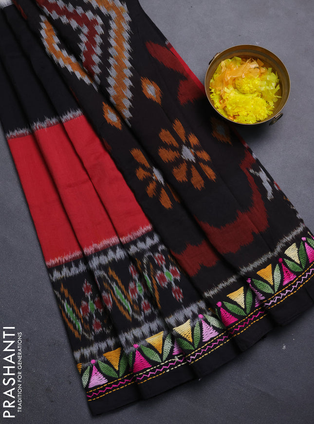 Ikat cotton saree tri colour and black with plain body and ikat weaves & kantha stitch work border