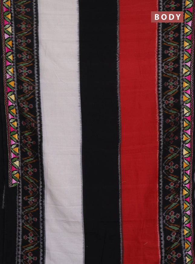 Ikat cotton saree tri colour and black with plain body and ikat weaves & kantha stitch work border