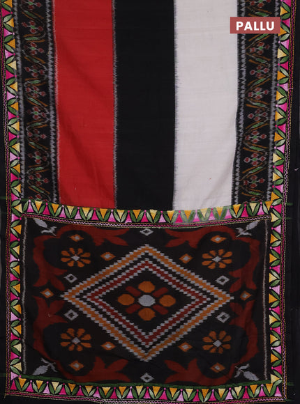 Ikat cotton saree tri colour and black with plain body and ikat weaves & kantha stitch work border