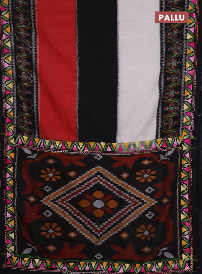 Ikat cotton saree tri colour and black with plain body and ikat weaves & kantha stitch work border