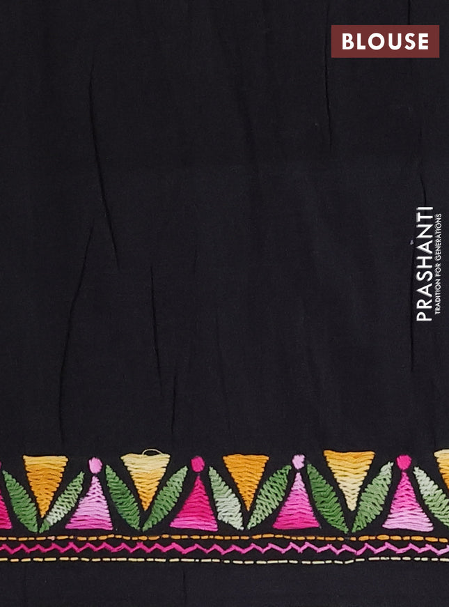 Ikat cotton saree tri colour and black with plain body and ikat weaves & kantha stitch work border