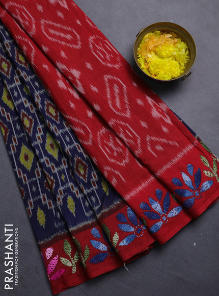 Ikat cotton saree navy blue and red with allover ikat weaves and kantha stitch work pallu