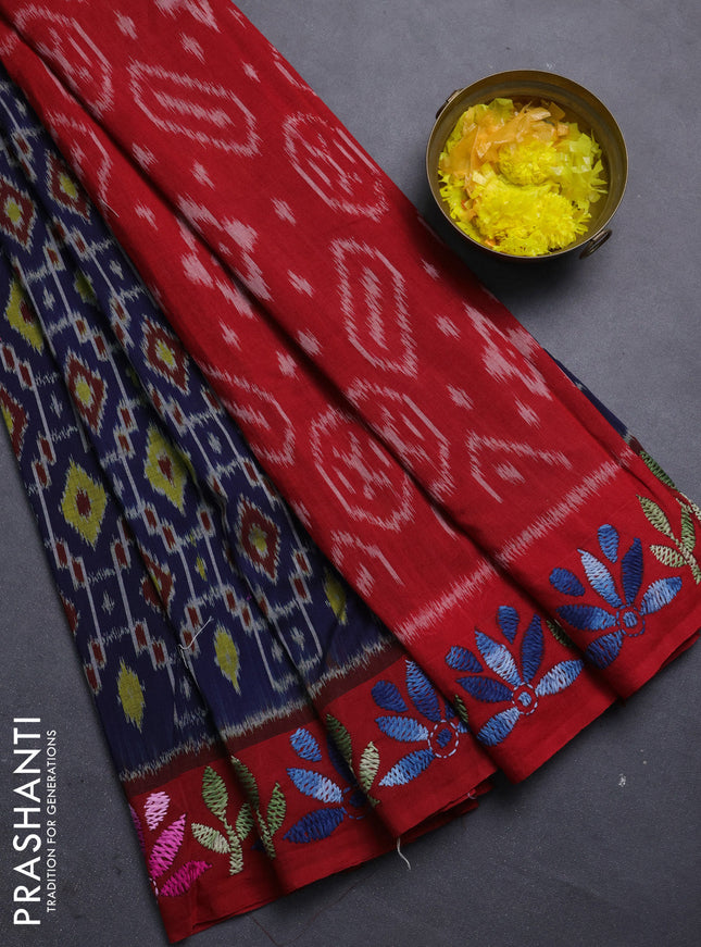 Ikat cotton saree navy blue and red with allover ikat weaves and kantha stitch work pallu