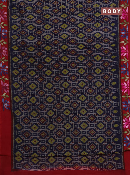 Ikat cotton saree navy blue and red with allover ikat weaves and kantha stitch work pallu